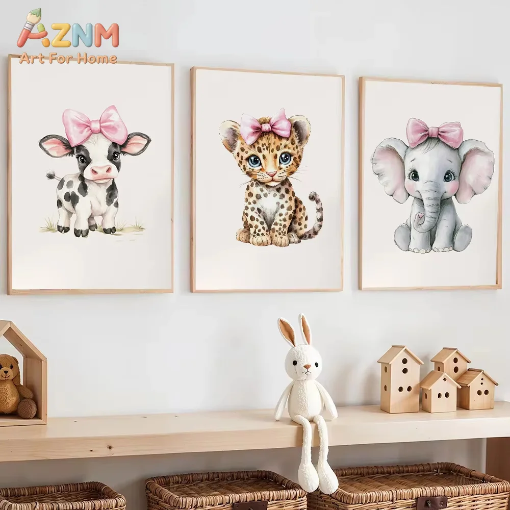 AZNM Cute Farm Animals Poster Prints Pink Bow Baby Elephant Giraffe Cow Leopard Canvas Painting Girly Room Decor Gift