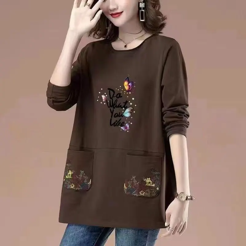 Casual Butterfly Printed Letter T-shirt Spring Autumn Folk Stylish Embroidery Female Clothing Casual O-Neck Vintage Pullovers