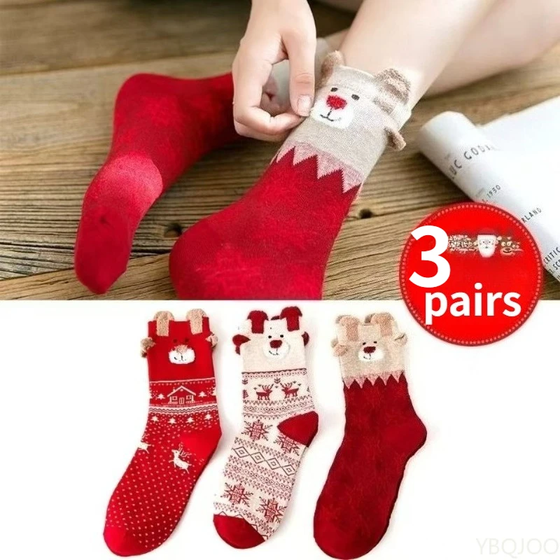 

3 пары рождественских носков, женские милые носки с Санта-Клаусом, осень-зима, женские носки до середины икры с изображением лося, праздничные рождественские носки 2025