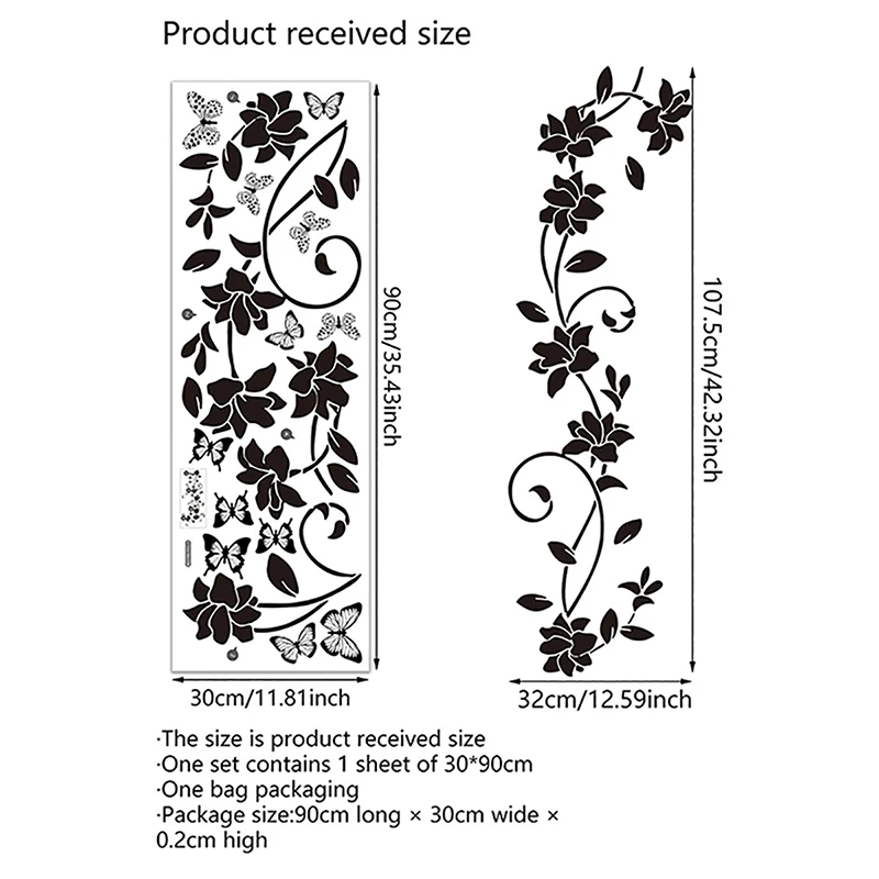 Black Floral Iris Vine Mirror Glass Sticker Home Bathroom Decoration Self-adhesive Wall Sticker