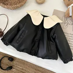 Children's Coats Contrasting Doll Collar and Fleece Coat Leather Jacket with Puffy Sleeves Winter Coat for Girls 2 To 7 Years