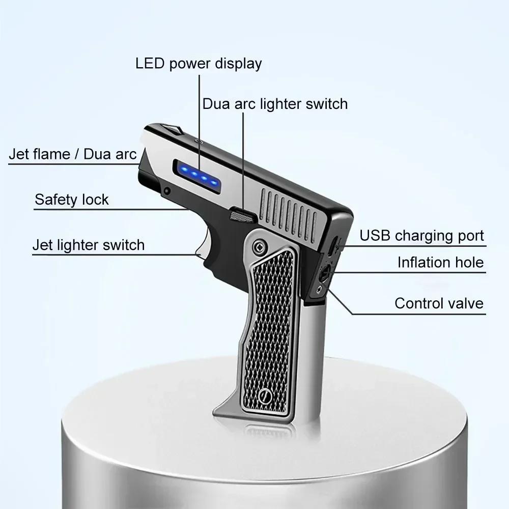 Encendedor plegable de Gas eléctrico de doble uso, tipo pistola de Metal, doble arco, carga USB, a prueba de viento, llama azul, regalo de personalidad creativa