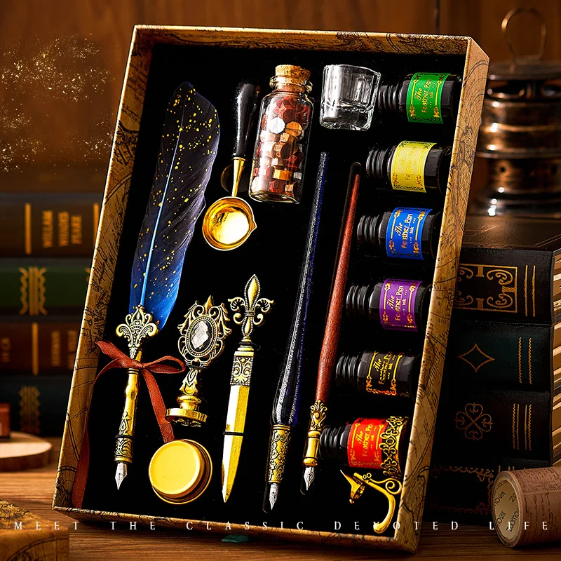 

Ancient European Style Feather Dipped Ink Pen Fire Paint Seal Gift Box Set Student Calligraphy Practice And Office Signature Pen