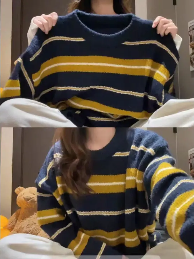 

Loose Fit round Ne Lazy Knit Sweater Women's Autumn Winter Thiened Comfortable Long Sve Striped Top Online Exclusive