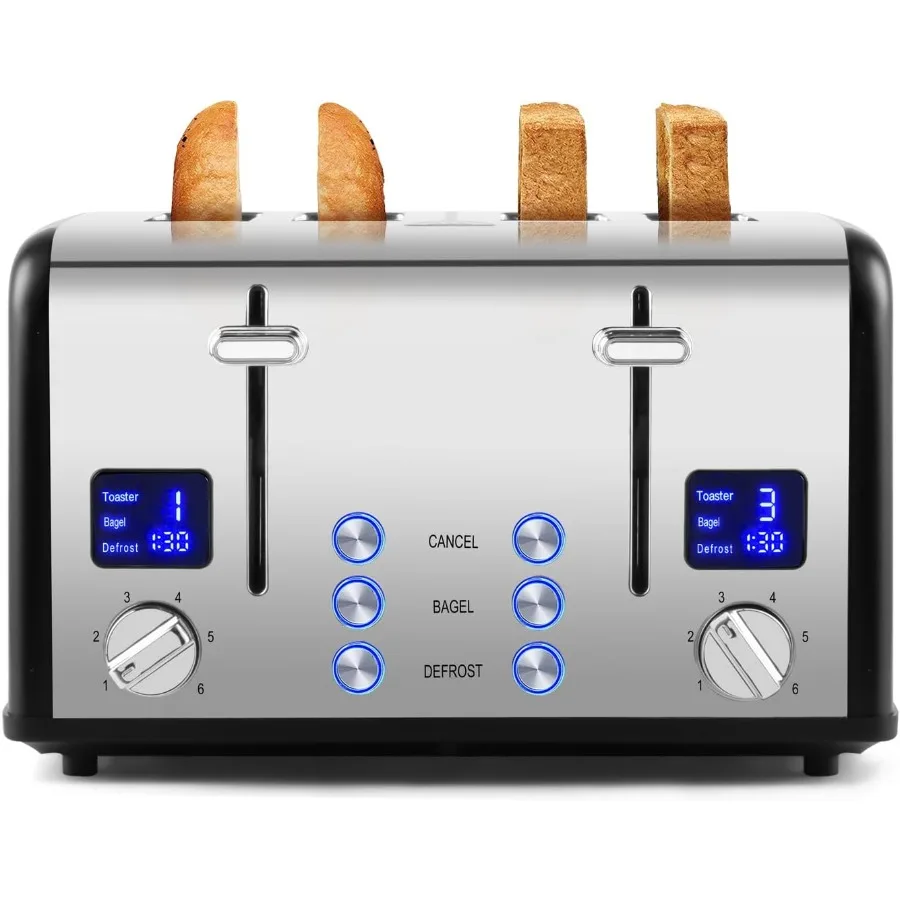 

4 Slice Toaster with Smart LED Display Stainless Steel Toaster with Exart Wide Slots 6 Shade Settings Bagel Defrost and Cancel