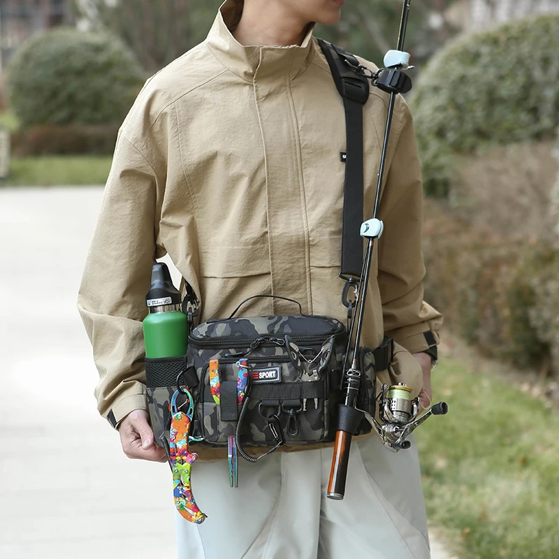 

Camouflage Fishing Tackle Bag, Multi-Pocket Utility Sling Bag with Rod Holder, Waterproof Waist Pack for Outdoor Fishing