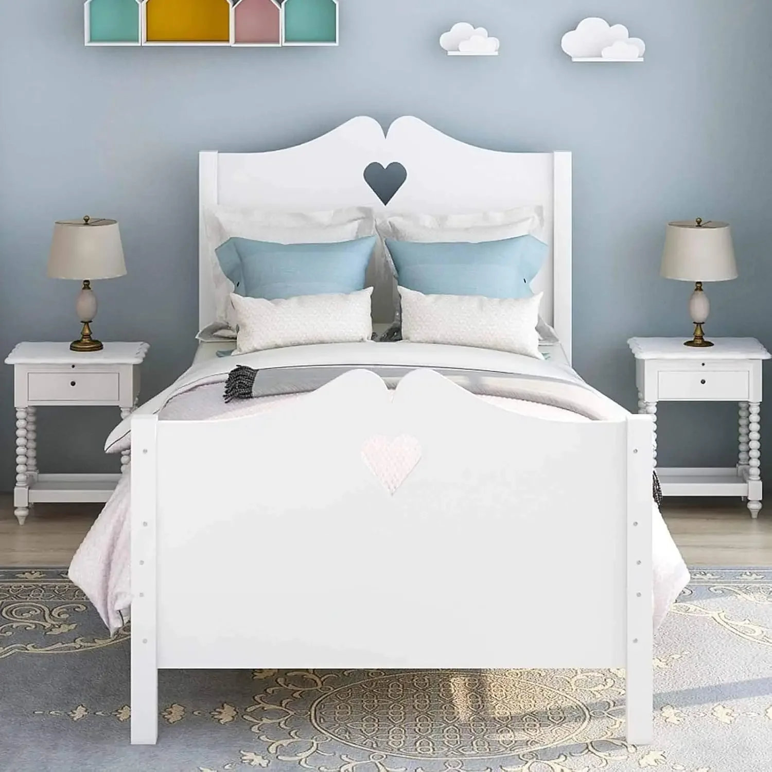 Solid Wood Twin Bed Frame for Girls,White Twin Princess Platform Bed Frame,with Headboard/Footboard/Wood Slat Support,No Box