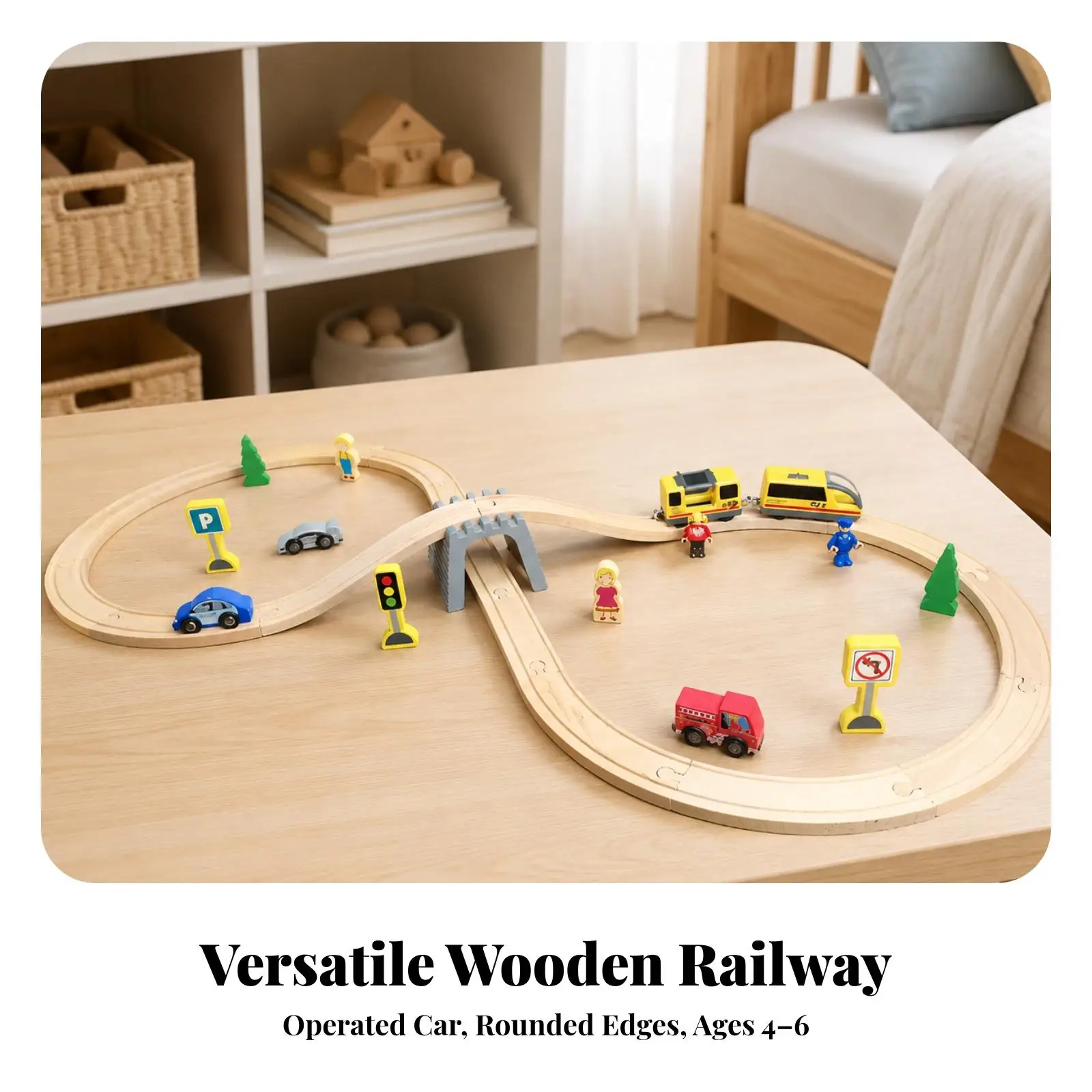 Smooth Beech Wood Electric Train Set for Children with Powered Engine Trees Signs and Additional Cars Toy