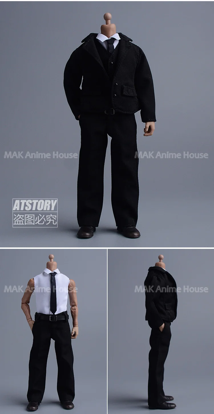 1/12 스케일 조끼 정장 바지 넥타이 흑백 세트 6인치 남성 군인 액션 피규어 바디에 적합