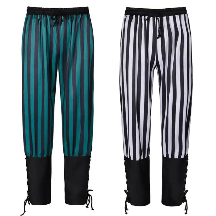 Pantaloni da pirata medievale da uomo adulto Burlesque strisce sottili Costume da cavaliere pagliaccio Leggings larghi pantaloni con fasciatura per gambe navigatore vichingo