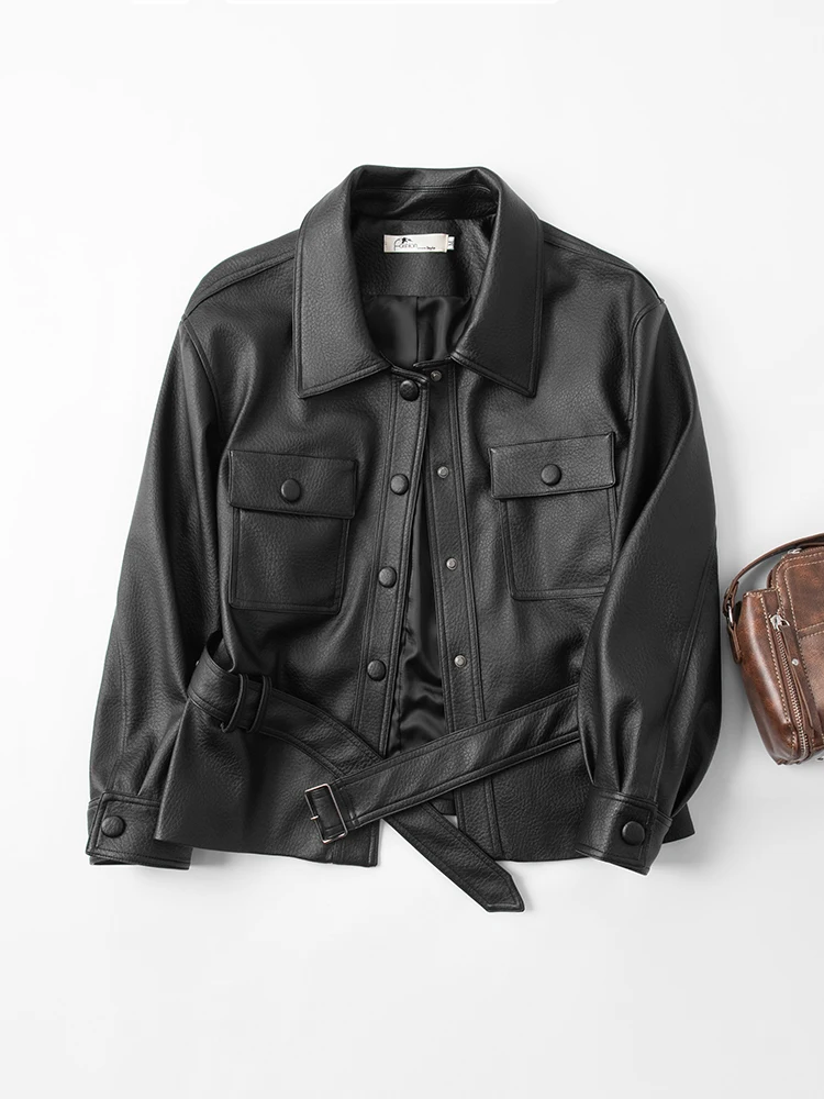 

Cool Leather Jaet eepskin Genuine Leather Coat American Retro Sle Belted Faionable Outerwear Spring 2026 New Arrival