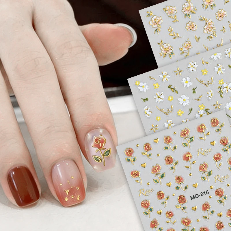1pc Kawaii Lily Floral Pearl 5D Nail Art Stickers Spring Pink White Flower Leaf Self Adhesive Nail Decorations Slider Decals DIY