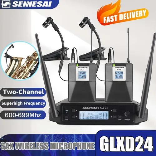 Imagen 1 del producto ¡Calidad superior! GLXD24 AD1 instrumentos inalámbricos profesionales micrófono de saxofón 600-699MHz UHF doble canal, micrófono de percusión de latón