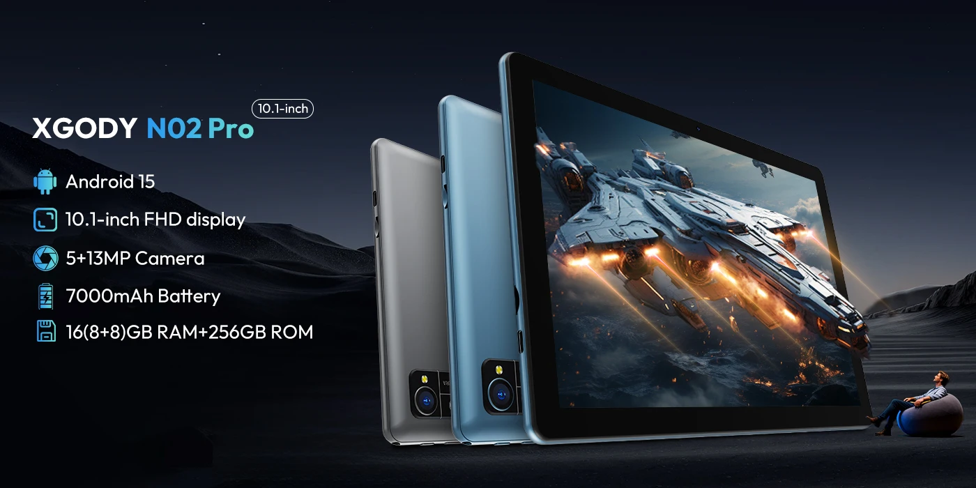 XGODY N02 Pro 10.1 Inch Android 15 Tablet 16GB RAM 256GB ROM Octa Core Widevine L1 Dual WiFi 7000mAh Pad for Study Entertainment
