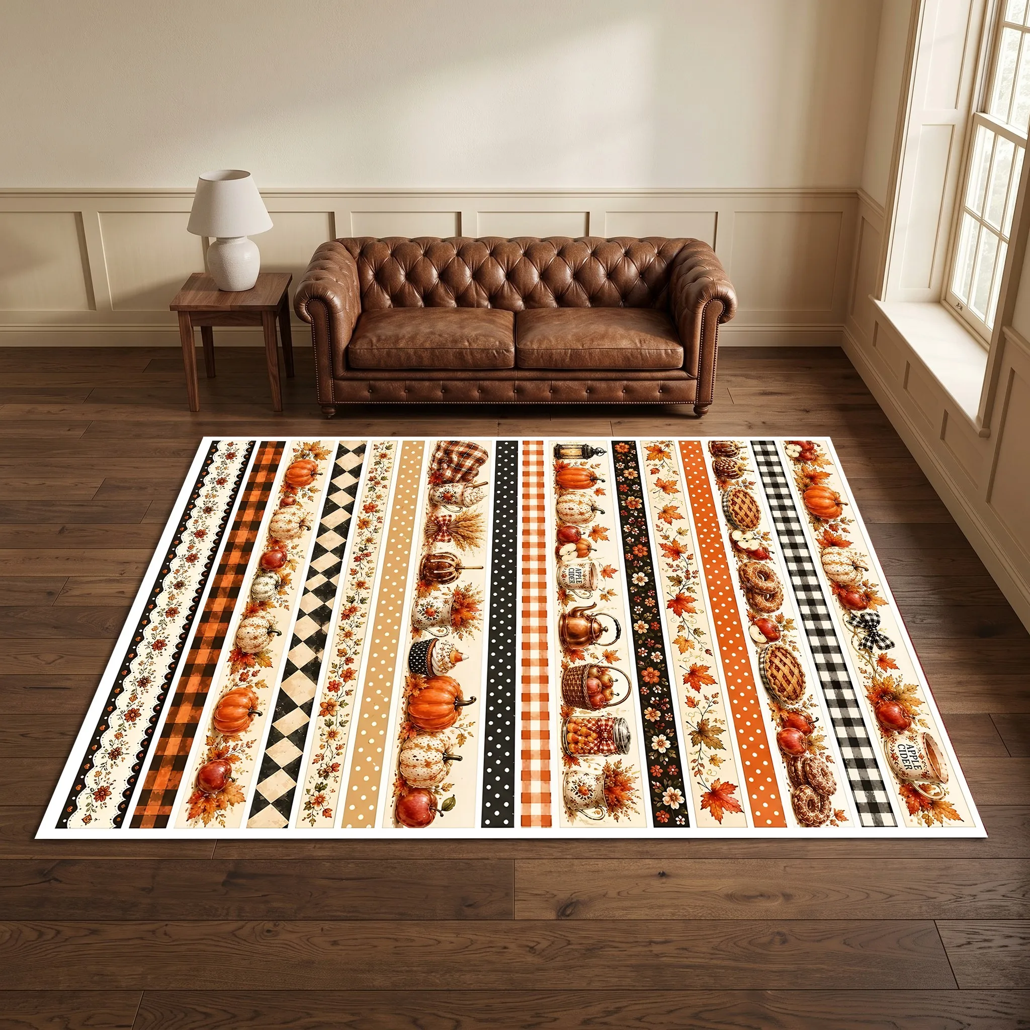 Pumpkin and Maple Leaf Striped American Retro Thanksgiving Velvet Rug for Living Room, Entryway, and Bedroom, Warm Autumn-Winter