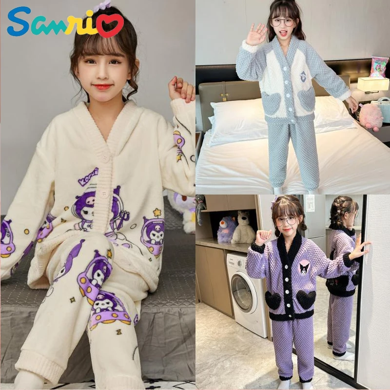 

Sanrios Children Kuromi Flannel Pajamas Anime Figure Winter Tracksuit Parent-Child Kids Girl Cartoon Sweet Kawaii Hot New Style