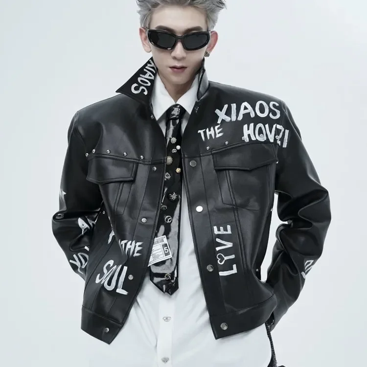 

Тяжелая промышленность с буквенным рисунком граффити, куртки, мотоциклетное пальто, воротник-стойка, летная кожаная куртка, новое пальто в стиле хип-хоп, мужская одежда