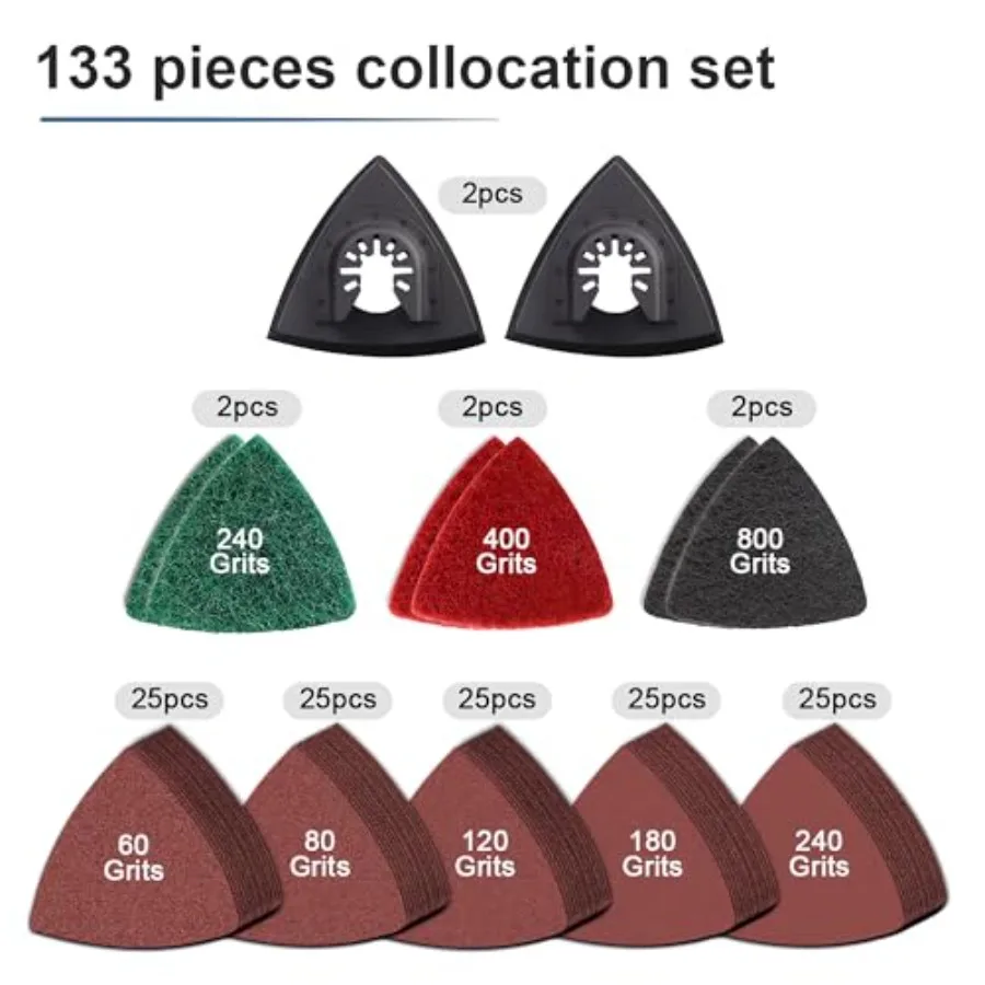 133PCS Oscillating Tool Sanding Pads Kit with 125 Sandpaper Includes 2 Triangular Sanding Pads and 6 Triangular Scrubbing Pads