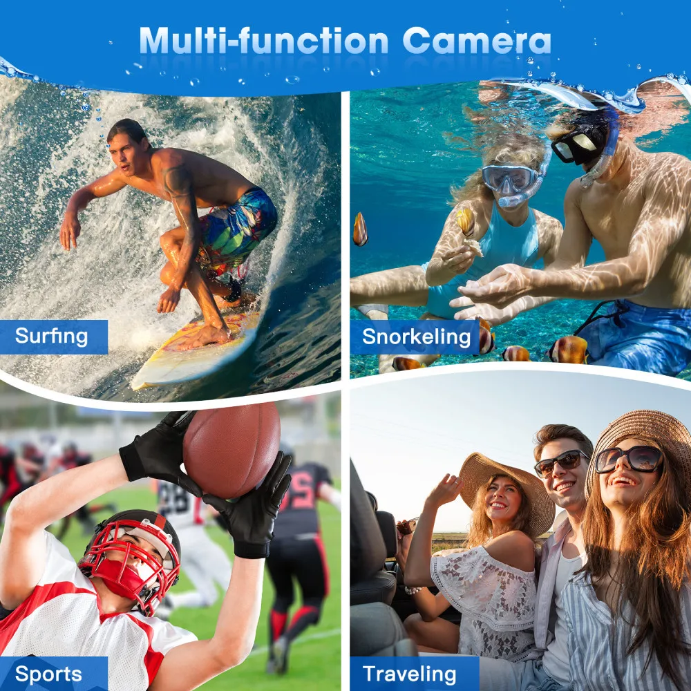 Câmera subaquática 4k, câmera à prova d'água de 11 pés com cartão de 64gb, 48mp, autofoco, tela dupla, selfie, câmera subaquática para mergulho com snorkel