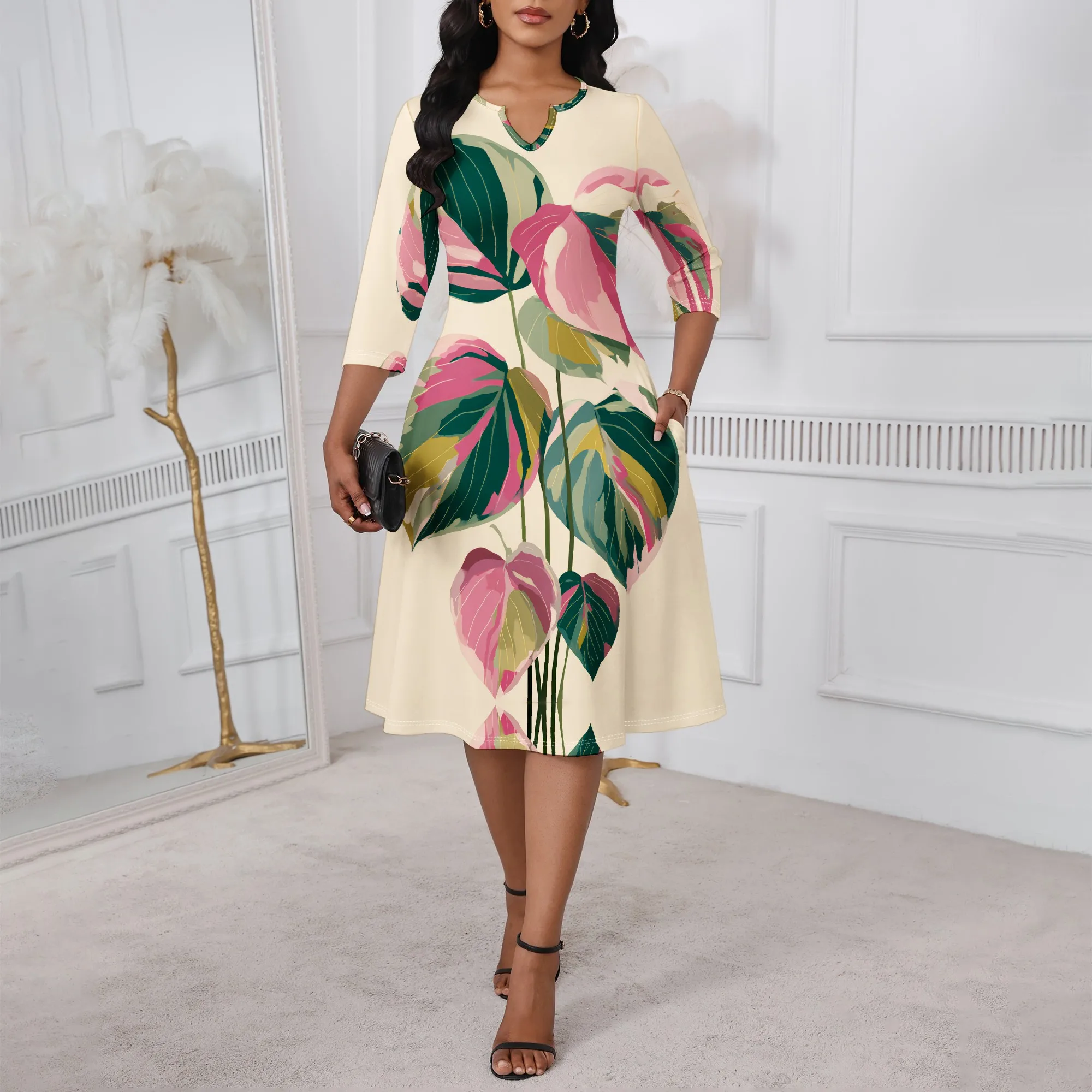 

Tropical Leaf Print A-Line Dress for Women XS-3XL V-Neck 3/4 Sleeve Ivory Style for Easter Brunch or Garden Event