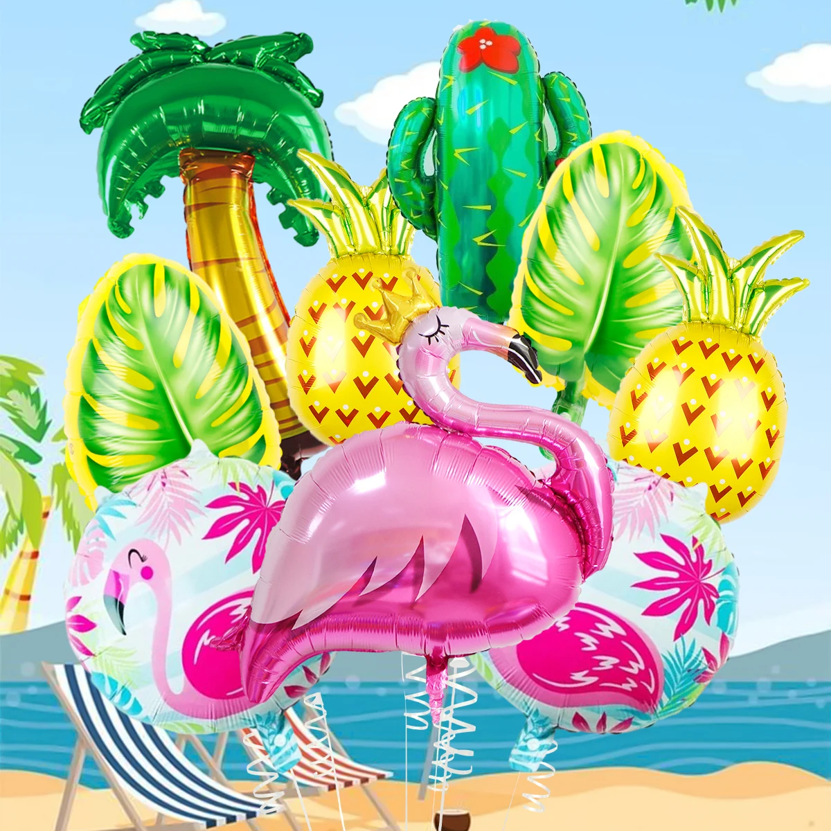 9pcs Flamingo Tropical Foil Balloon Kit for Hawaiian Party, Birthday Party, Summer Pool Beach Party Decoration Supplies