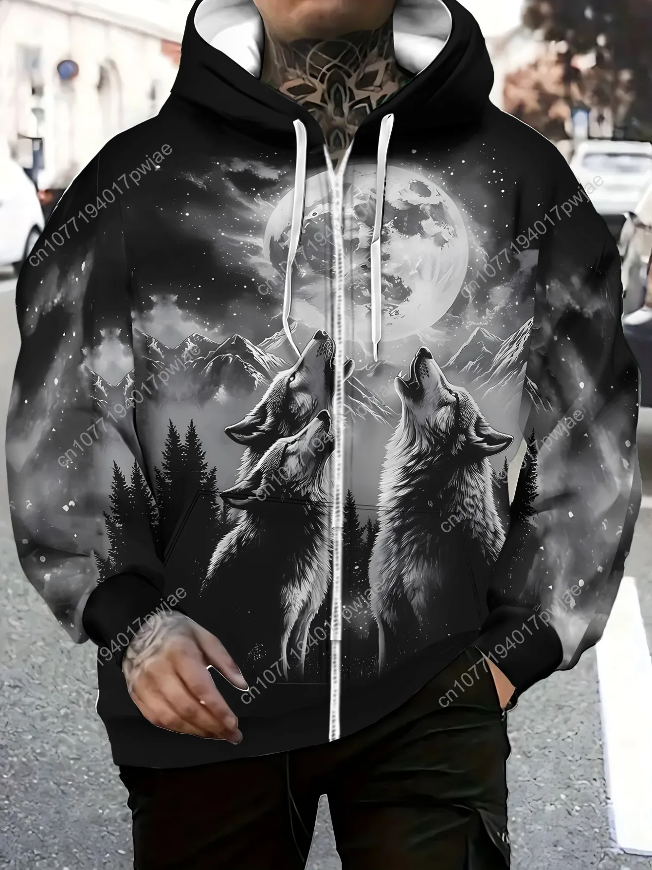 [Стильная толстовка с волком] Мужская толстовка с рисунком Wolf Howling at Moon из мягкого полиэстера |   Прочный и удобный, легкий повседневный спортивный спорт