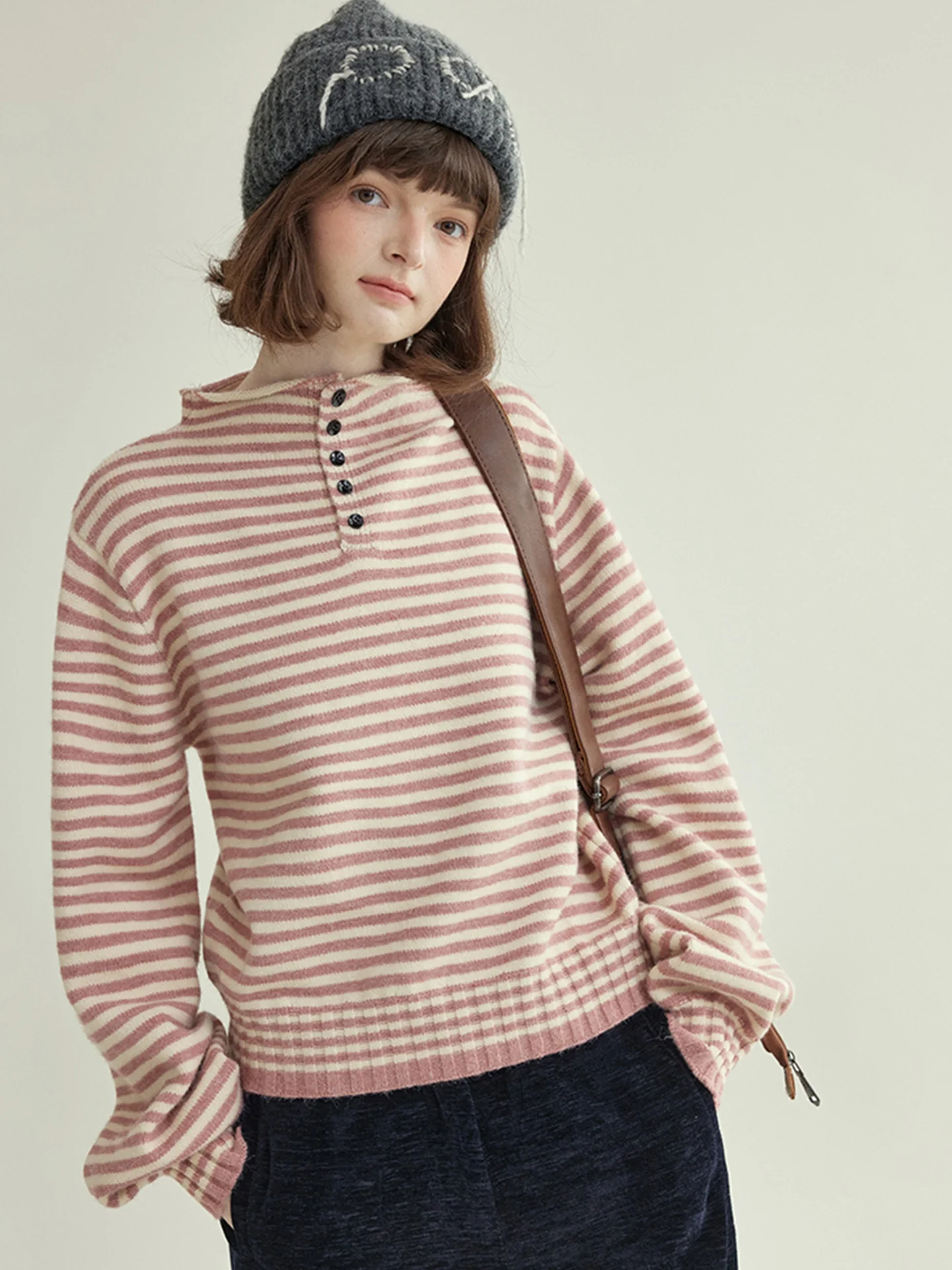 

Sweet Striped Knitted Sweater Loose Long Sve Overhead Winter Base Layer irt Korean Sle Commute Faion Mid-Thi Regul...