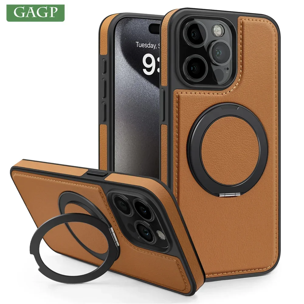 Business Leather Rotating Bracke Phone Case For iPhone 16 15 14 13 12 11 Pro Max Plus Magsafe Magnetic Ring Stand Holder Cover