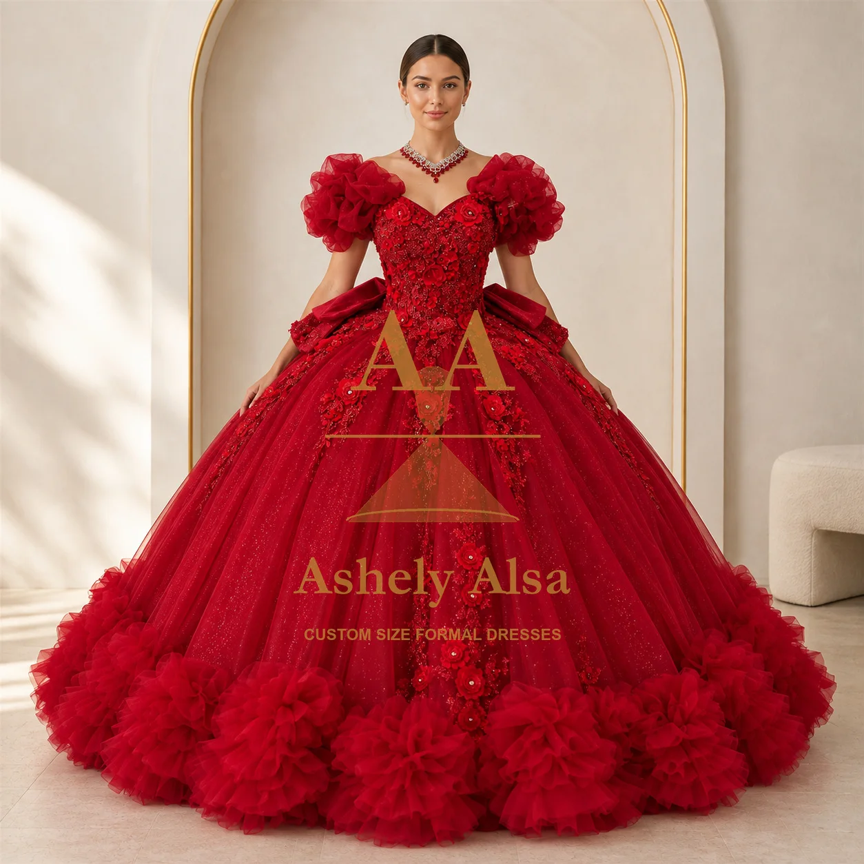 Red Quinceanera Dress Sweetheart Floral Puff Sleeves Beaded Corset Ruffle Hem Gown Floor Length Formal Party Custom Size