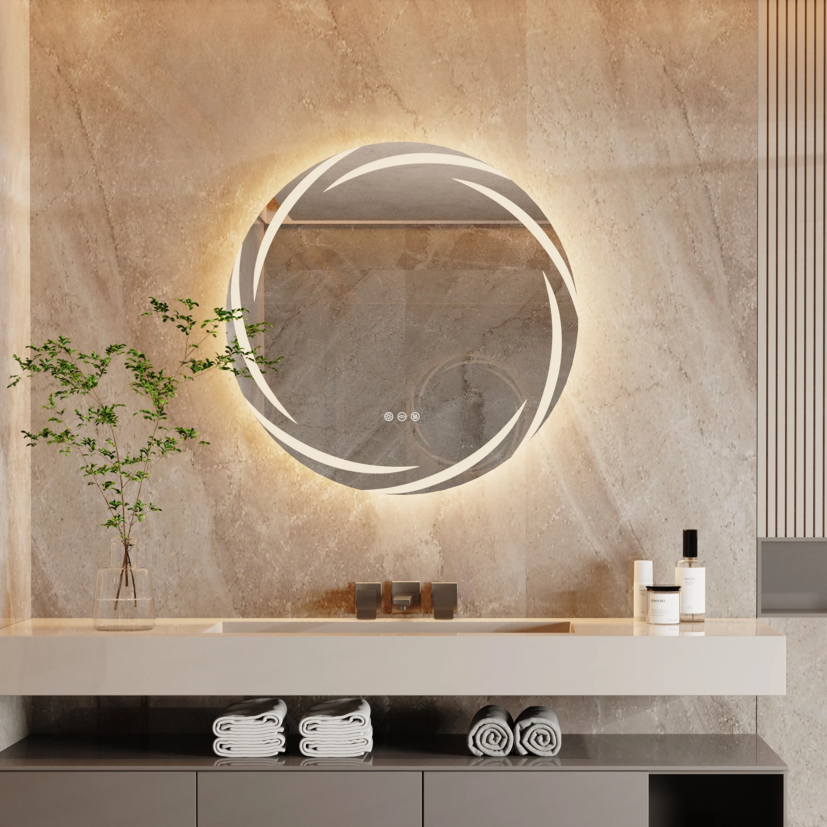 Led Lighting Bathroom Mirror Round 600*600mm Anti-fog Flicker-free 3 Colors 3000K 4500K 6000K Silver Bathroom Powder Room