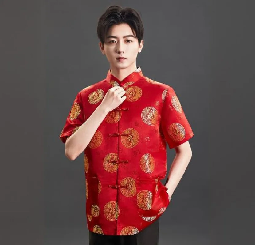 New Chinese Style Embroidery Satin Tang T Shirt Men's Short Sleeve Jacket Birthday Party Wdding Dress Spring Summer Casual Coat