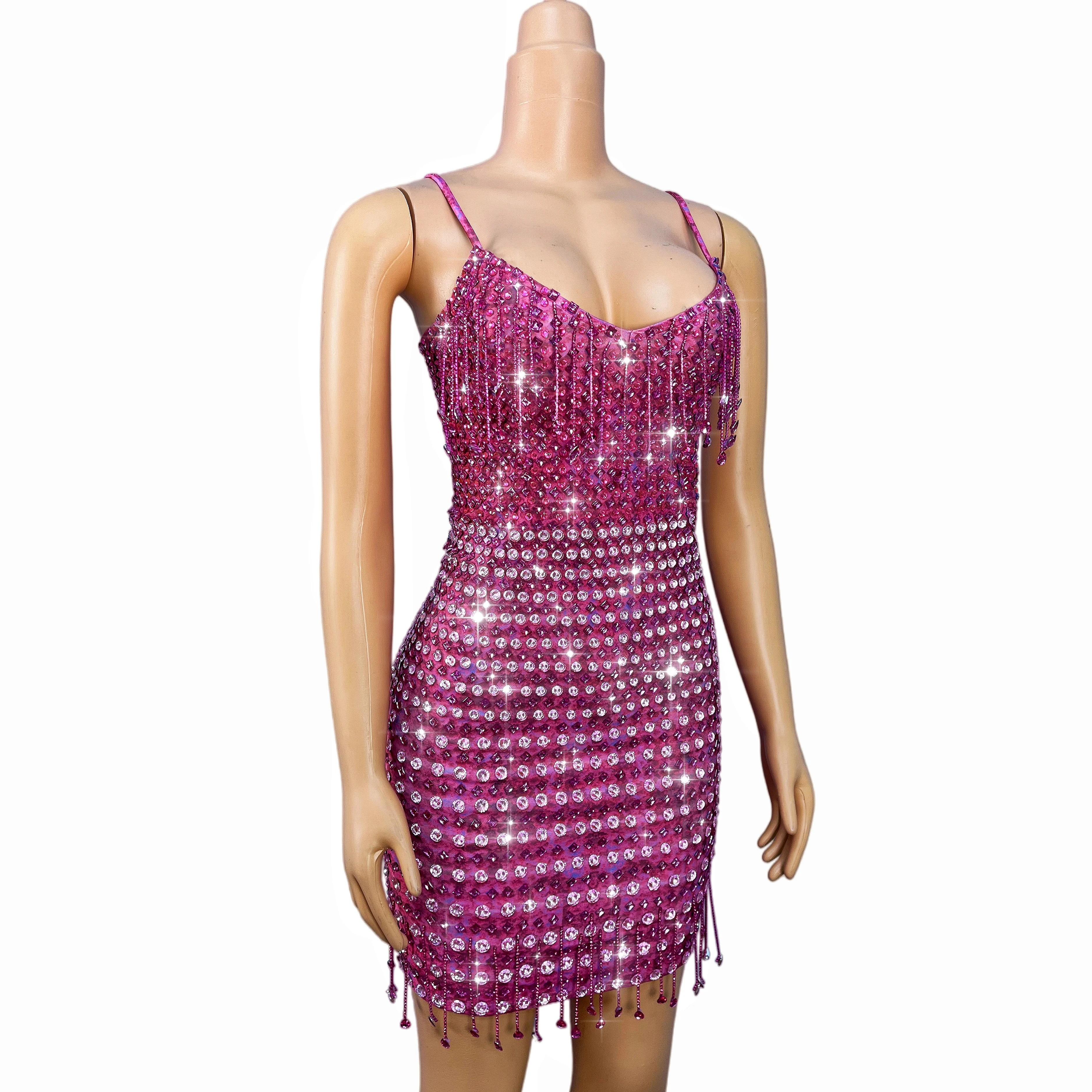 New Flashing Crystals Chains V-neck Trim fit Suspenders Dress Women Birthday Celebrate Evening Gown Fashion Show Outfit Fenhupo view 5
