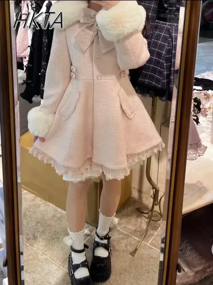 Japanese Sweet Bow Slim Medium Long Woolen Coat Winter New Faux Fur Collar Lolita Girl Women\'s Pink White Wool Coats Overcoat
