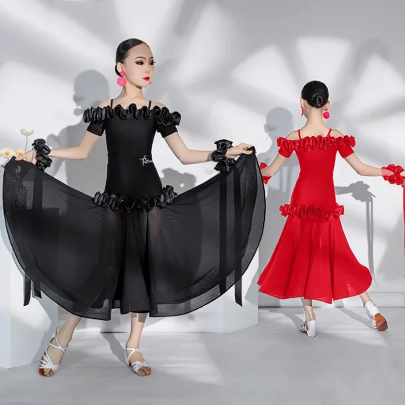 Kids Girls Modern Dance Training Dress Bodysuit and Mesh Large Skirts Modern Ballroom Dancewear Professional Practice Costume