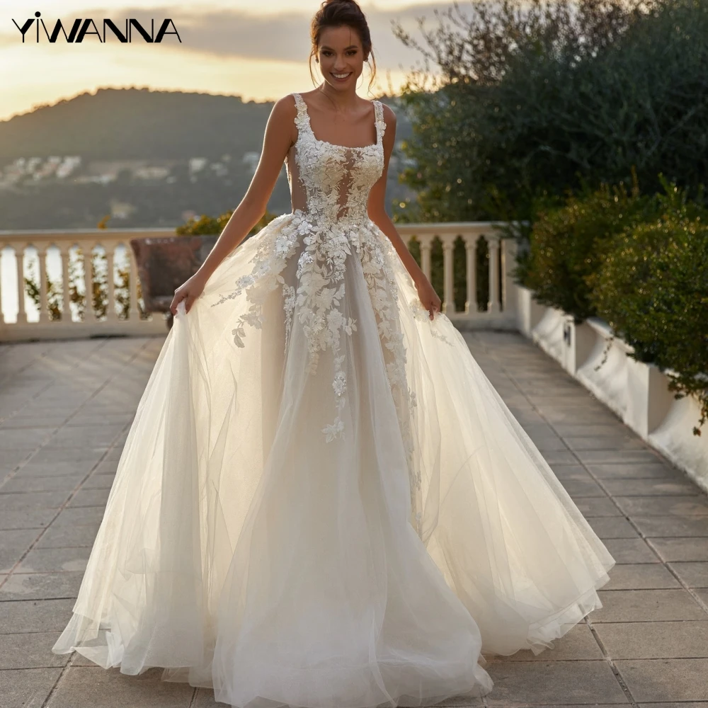 

Exquisite Lace Appliques Wedding Dress Shiny Sequins Beads Bride Robe Sexy Illusion Sleeveless Bridal Gown Robe De Mariée