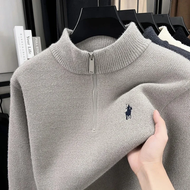 Bild 7: Hochwertiger Reißverschluss-Stehkragenpullover für Herren, Wintermode, Designer-Marke Paul, Logo-Stickerei, Samt, warmer Strickpullover