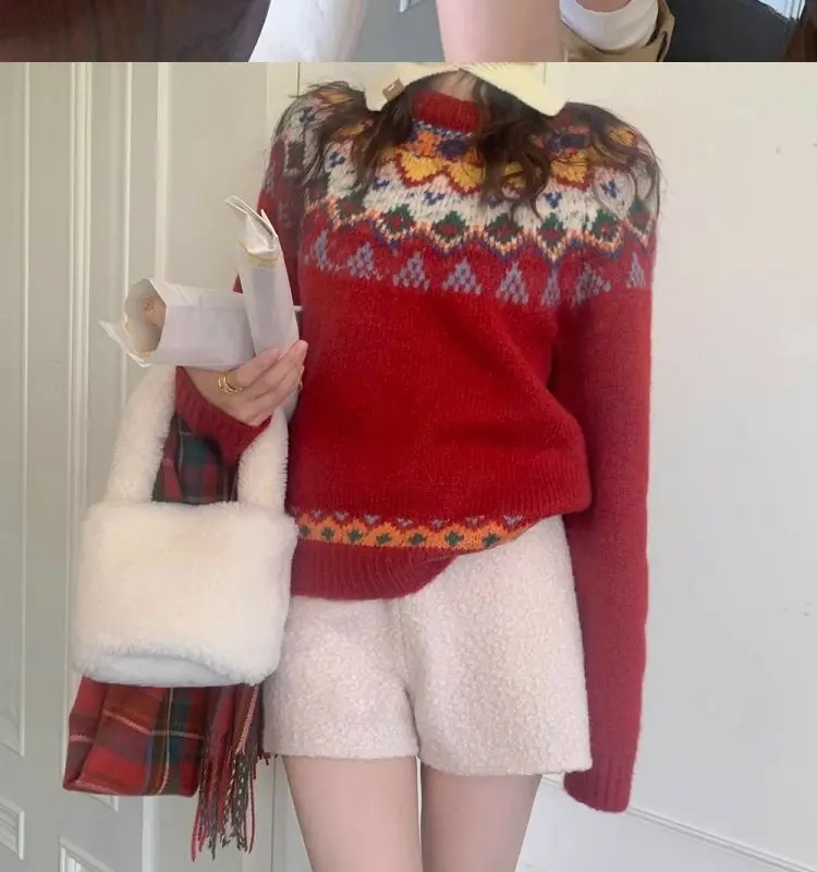 Fair Isle Vintage Pattern Sweaters for Girls Women Cute Christmas Red Knitted Pullover Comfortable Winter Jumper Loose Oversized