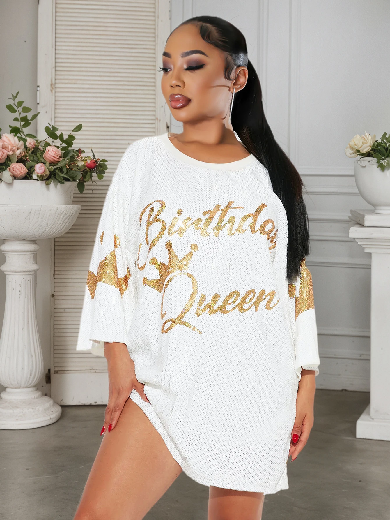 Loose Solid color Women\'s Letter Sequin Round Neck Mid sleeve White Dress for Daily Casual Wear 2024 Women\'s hot Selling item