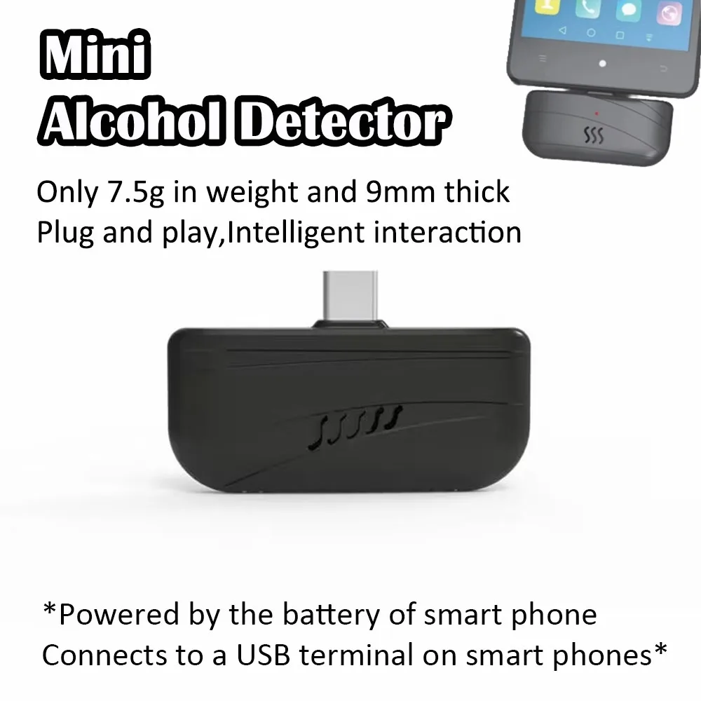 Portable Mini Alcohol Detector with Intelligent Interaction Powered By Smart Phone Only 7.5g in Weight, 9mm Thick Alcohol Meter