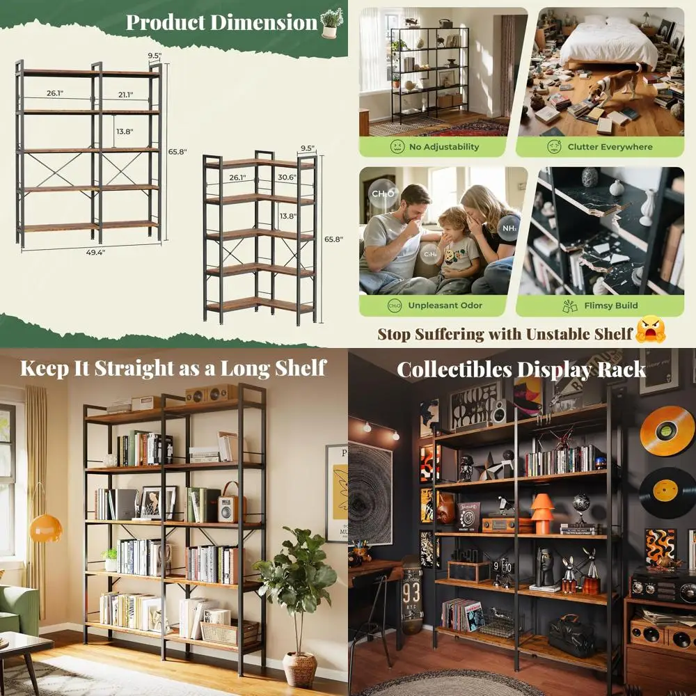 

L-Shaped 5-Tier Corner Bookshelf with 10 Shelves, 49.4 Wide Metal Frame, Wooden Boards, Rustic Brown
