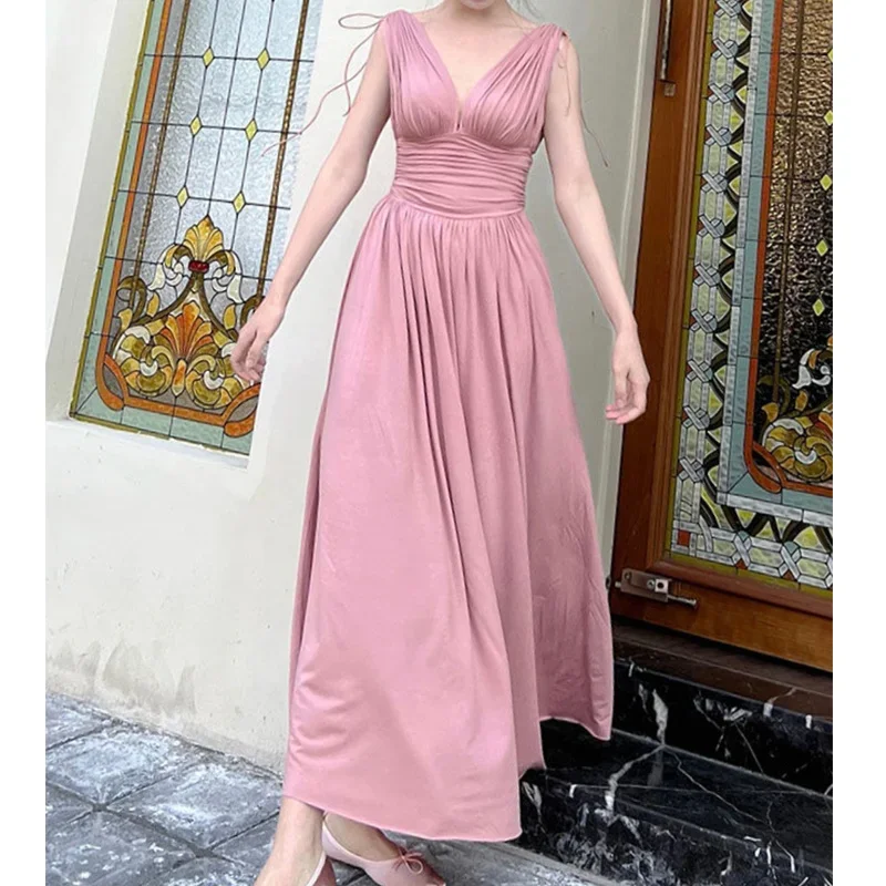 Abito elegante rosa per donna abito estivo senza maniche Vintage con scollo a v abbigliamento donna pieghe verdi Party Vestido