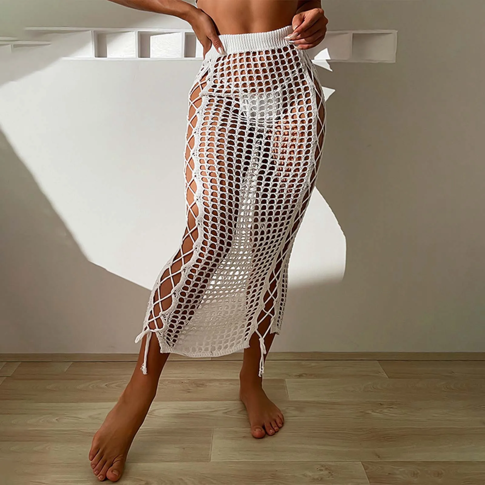 Summer Vacation Beach Cover Ups Women Crochet Knitting Skirts Sunscreen Solid Color High Waist Bodycon Hollow Out Long Skirt