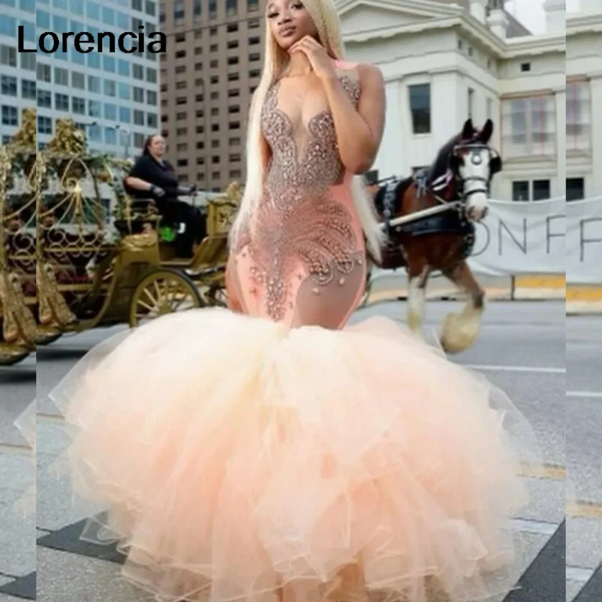 

Customized Sparkly Champgne Blush Prom Formal Gala Dress for Black Girl Luxury Diamond Ruffles Evening Birthday Dress YPD198