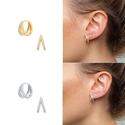 Vintage Zircon Little Huggie Hoop Earrings for Women Stainless Steel Geometry Double Circle Piercing Earrings Wedding Jewelry