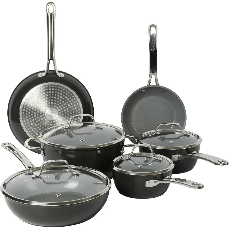 

Kitchen Essentials 10 Piece PFA Free Titanium Ceramic Nonstick Interior Forged Aluminum Cookware Pots and Pans Set Black Induct
