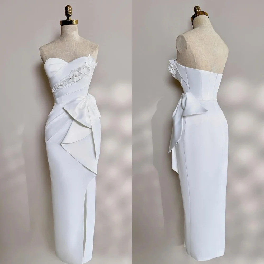 

Customized High Quality Exquisite Charmeuse Flower Rhinestone Bow Column Strapless Long Dresses Bespoke Occasion Dresses Fashion