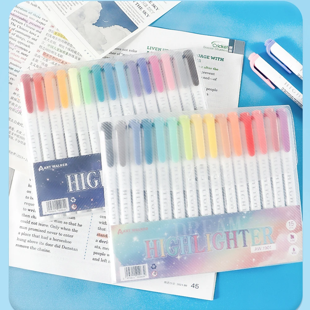 ﻿ 15 Colors Double Headed Highlighter Fluo Marker Set Art Drawing Pens Pastel Stationery Double Tips for Highlighting Coloring ﻿