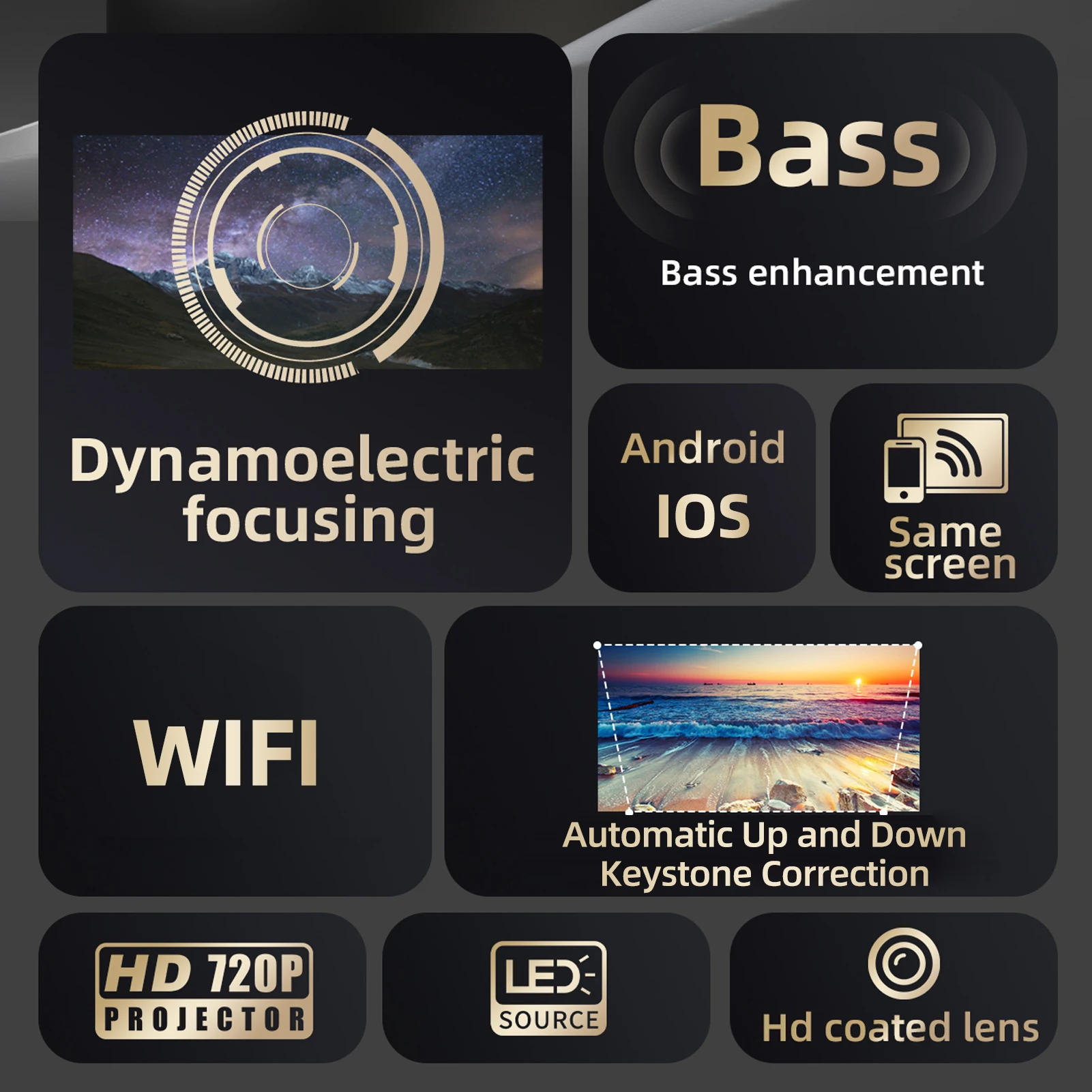 جهاز عرض صغير 720P WiFi6 مسرح منزلي يدعم 150 بوصة عرض نفس الشاشة جهاز عرض الفيلم التركيز التلقائي مع مكبر صوت للمسرح المنزلي