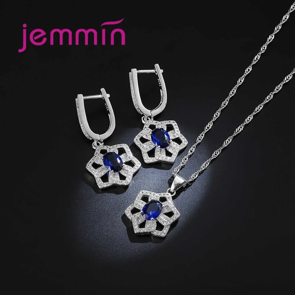 Luxurious 925 Sterling Silver Geometry Blue Crystal Zircon Necklace Drop Earrings Set for Women Girls Wedding Party Jewelry Gift view 4