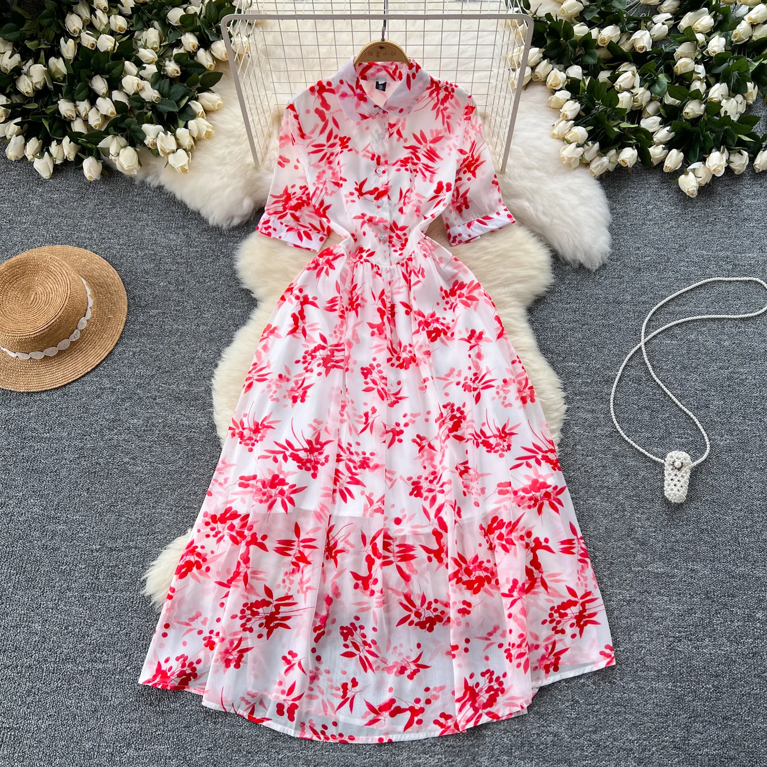 

Vintage Print Elegant A-line short Sleeve loose Turn-down Collar Dress Casual Women Fashion summer Spring dresses